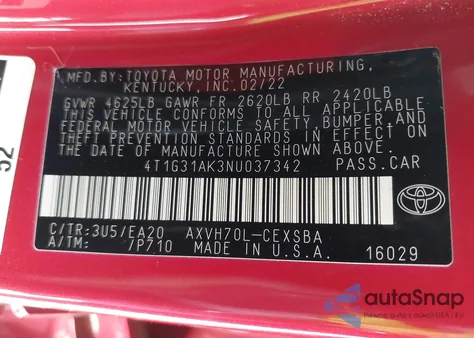 2022 Toyota Camry Se Hybrid from USA, damaged, VIN 4T1G31AK3NU037342